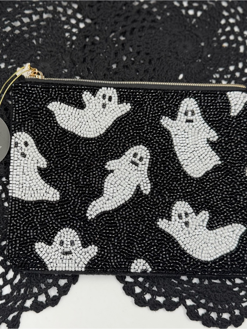 Fringe Studio Halloween Ghost Beaded Pouch Black White Spooky NWT